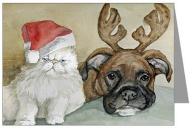 Boxer and Cat with Santa Hat